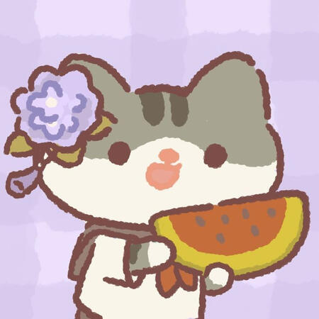 Cat (grey and white), from Animal Restaurant, with a purple flower on its head and eating watermelon on a beach.